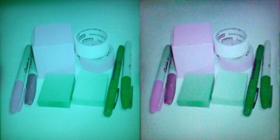 photograph of the green-and-white experiment